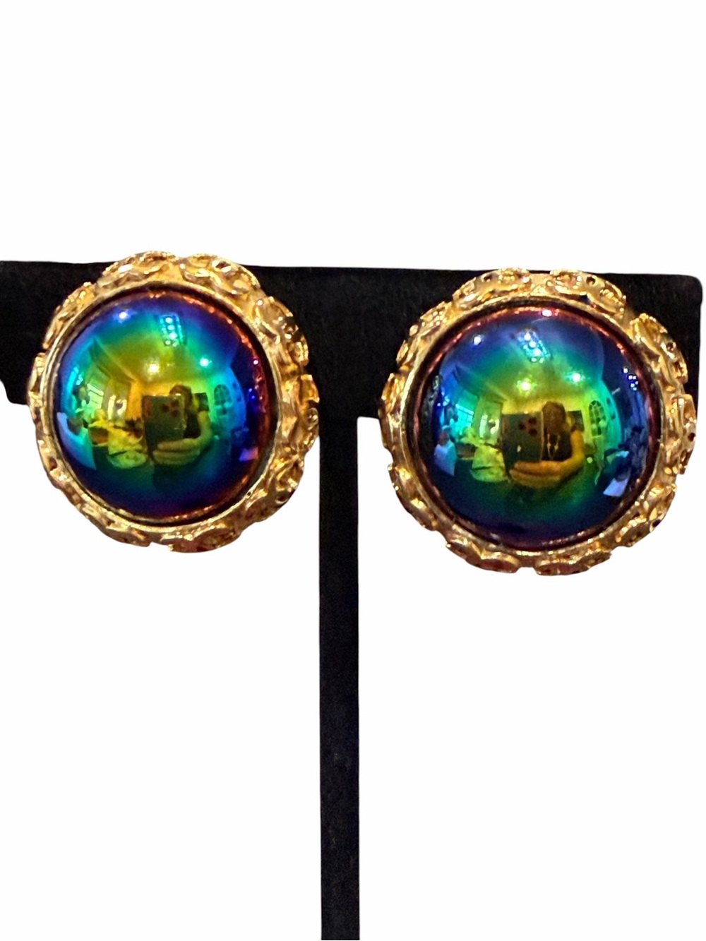 CHANEL RARE Collectors Peacock Oil Slick Iridescent Clip-On Earrings
